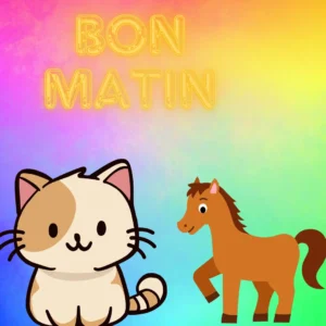 Chat et cheval sur fond arc-en-ciel avec texte Bon Matin