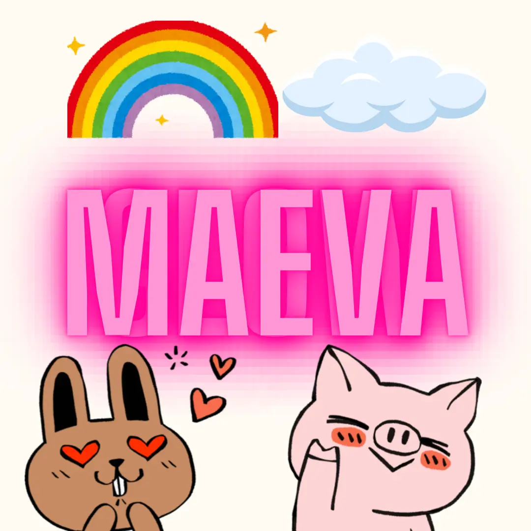 Illustration colorée avec le prénom Maeva, arc-en-ciel, nuages, lapin et cochon