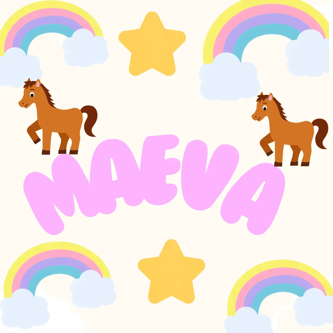 Illustration enfantine avec prénom Maeva, arc-en-ciel, et poneys